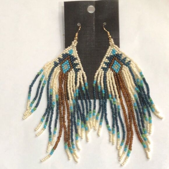 Boho Native American Blue Turquoise Beaded 4.5” Long Dangle Earrings (a)126 - Picture 5 of 8